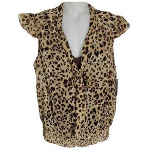 AGB Petite Women's Blouse Sz PL Animal Print Tie Neck Built In Tank Elastic Hem